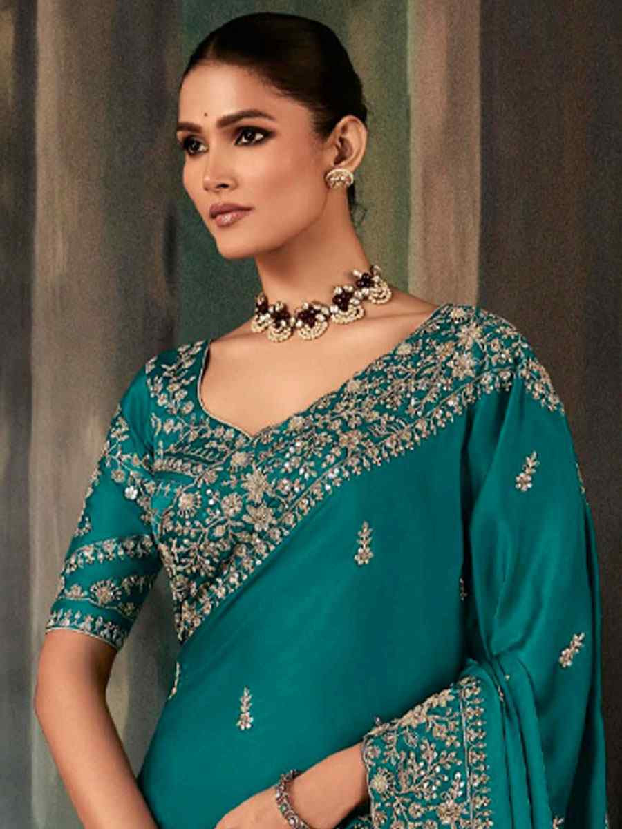 Rama Green Pure Silk Embroidery Bridal Reception Festival Wedding Fancy Classic Heavy Border Saree