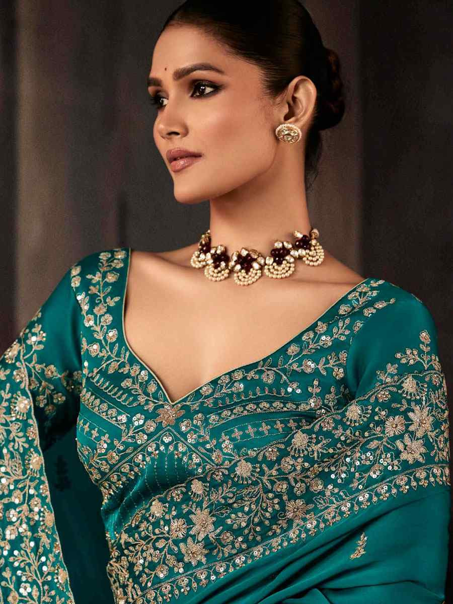 Rama Green Pure Silk Embroidery Bridal Reception Festival Wedding Fancy Classic Heavy Border Saree