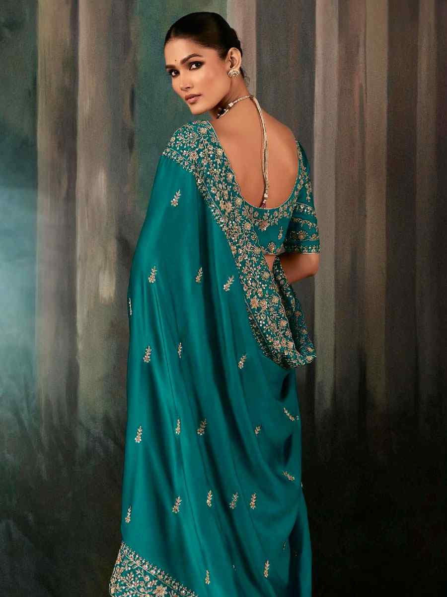 Rama Green Pure Silk Embroidery Bridal Reception Festival Wedding Fancy Classic Heavy Border Saree