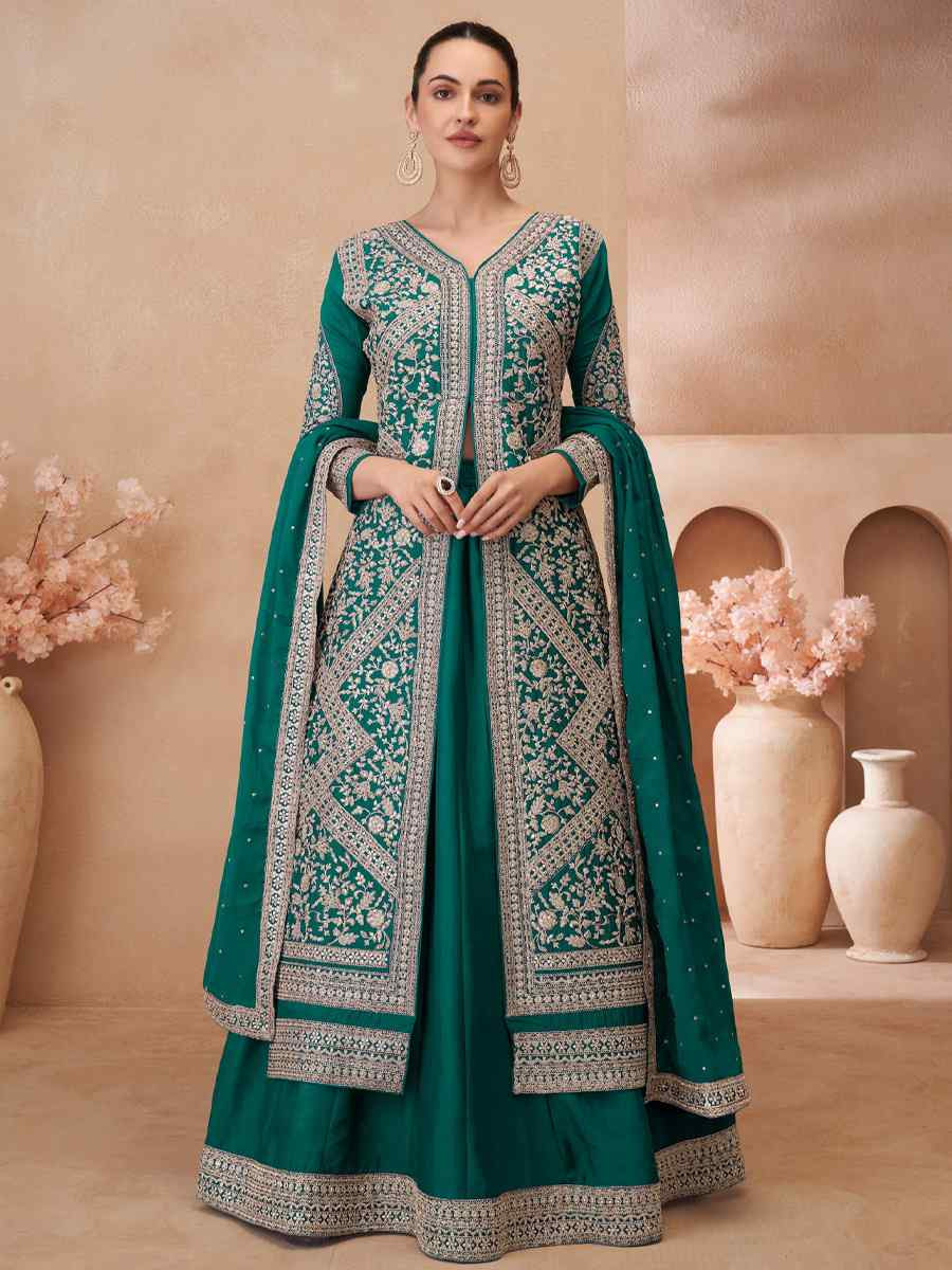 Rama Green Real Chinon Silk Embroidered Party Casual Ready Skirt Suit Set