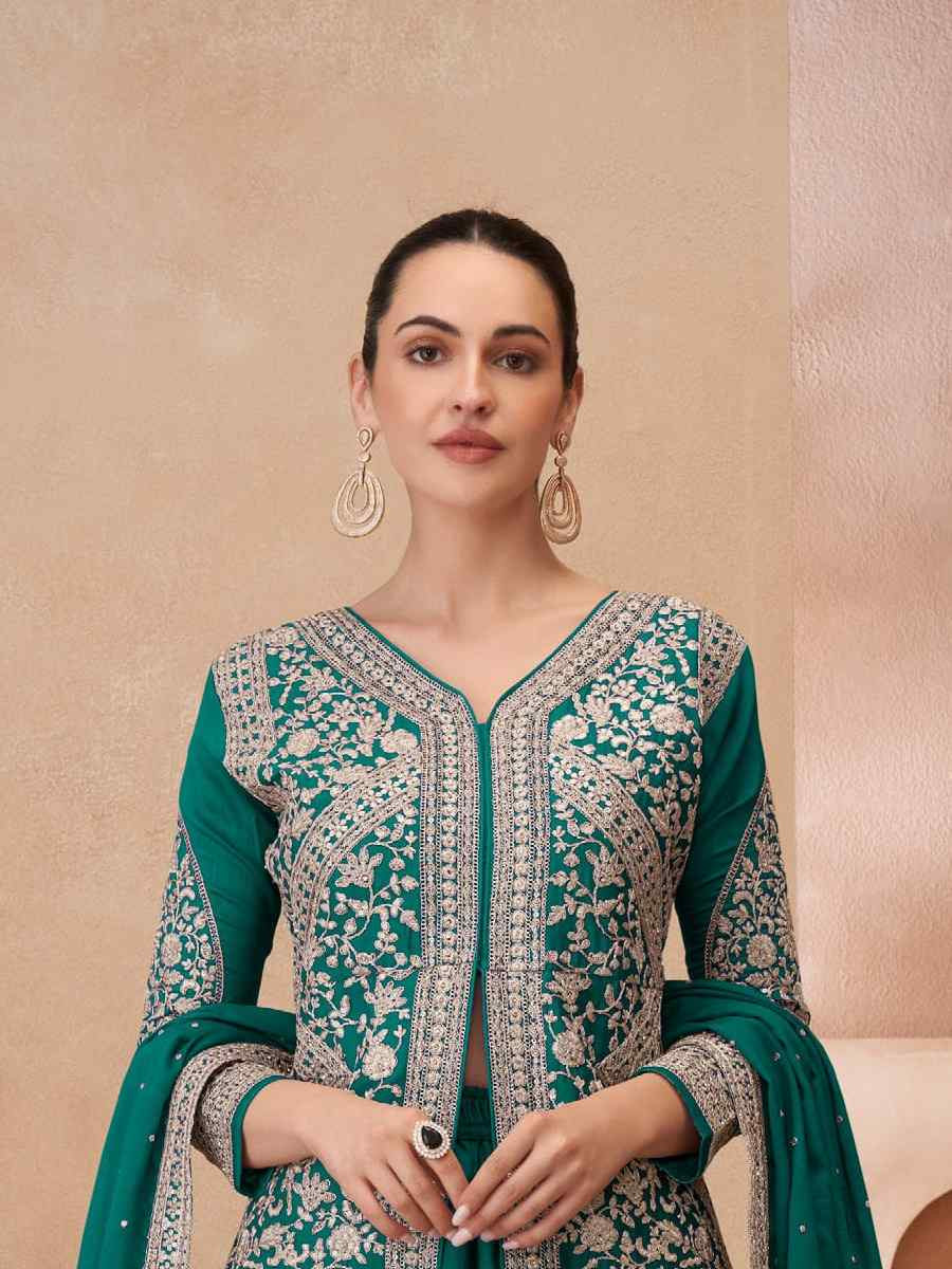 Rama Green Real Chinon Silk Embroidered Party Casual Ready Skirt Suit Set