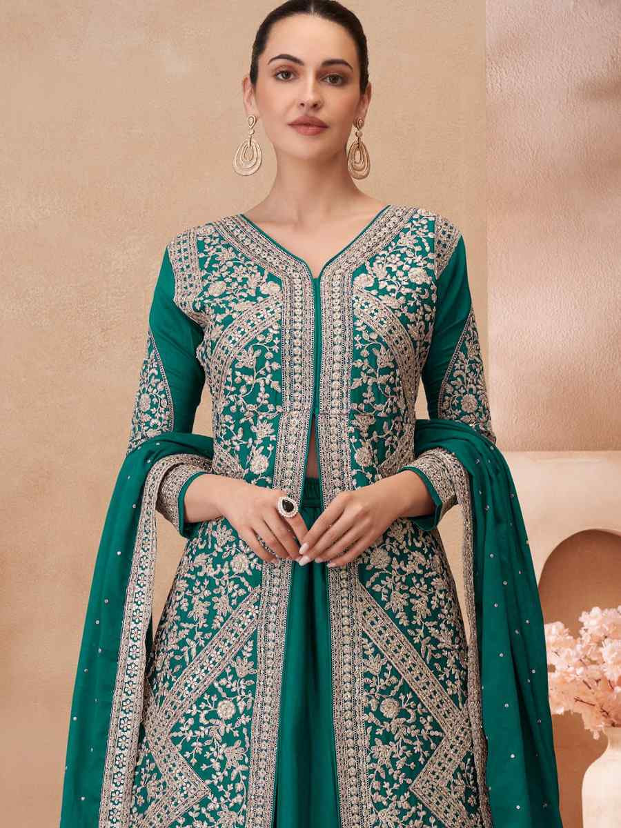 Rama Green Real Chinon Silk Embroidered Party Casual Ready Skirt Suit Set