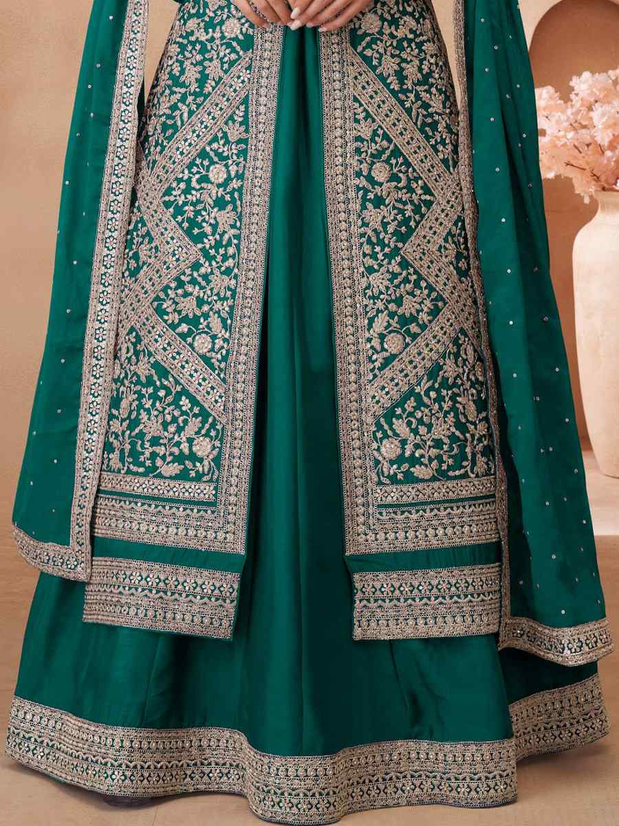 Rama Green Real Chinon Silk Embroidered Party Casual Ready Skirt Suit Set