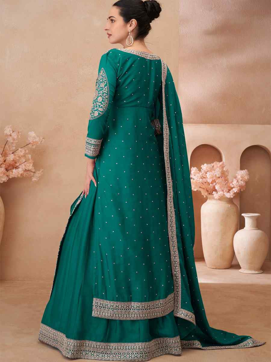 Rama Green Real Chinon Silk Embroidered Party Casual Ready Skirt Suit Set