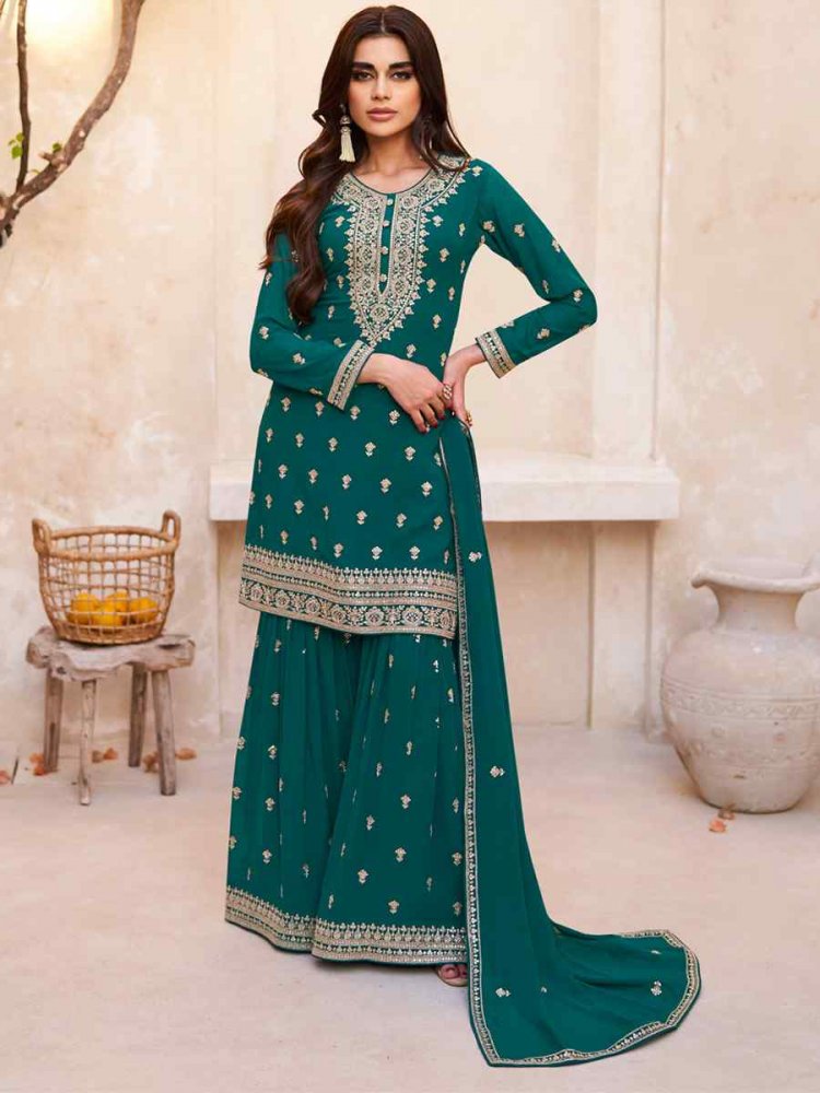 Rama Green Real Georgette Embroidered Festival Wedding Ready Sharara Pant Salwar Kameez