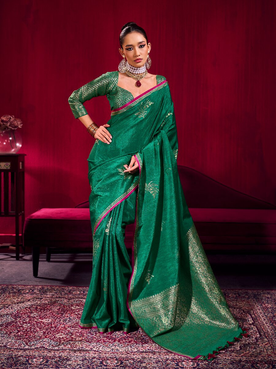 Rama Green Satin Linen Silk Handwoven Weaving Wedding Reception Party Festival Heavy Border Sarees