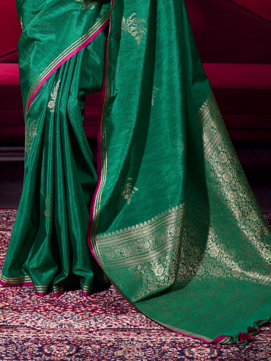 Rama Green Satin Linen Silk Handwoven Weaving Wedding Reception Party Festival Heavy Border Sarees