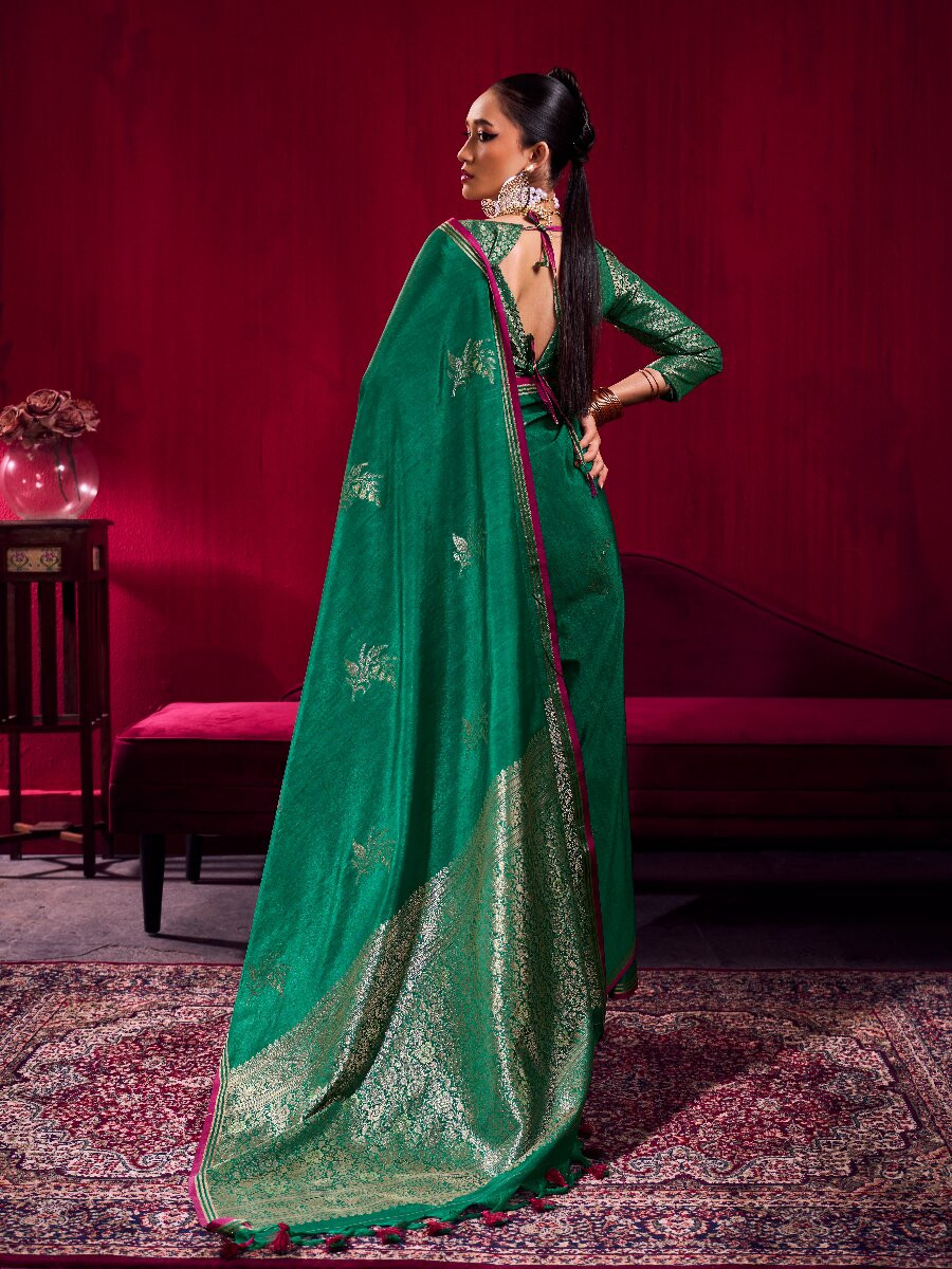 Rama Green Satin Linen Silk Handwoven Weaving Wedding Reception Party Festival Heavy Border Sarees