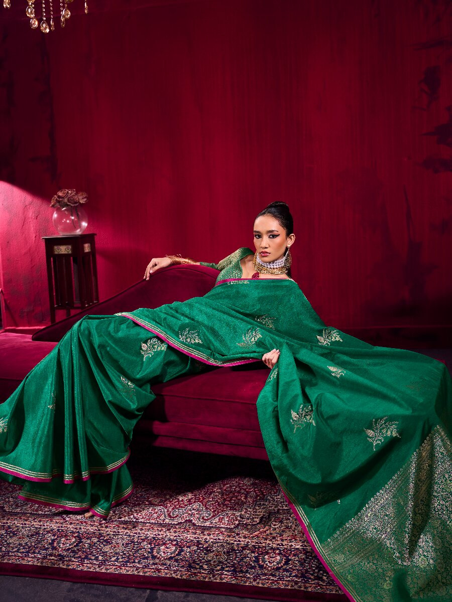 Rama Green Satin Linen Silk Handwoven Weaving Wedding Reception Party Festival Heavy Border Sarees
