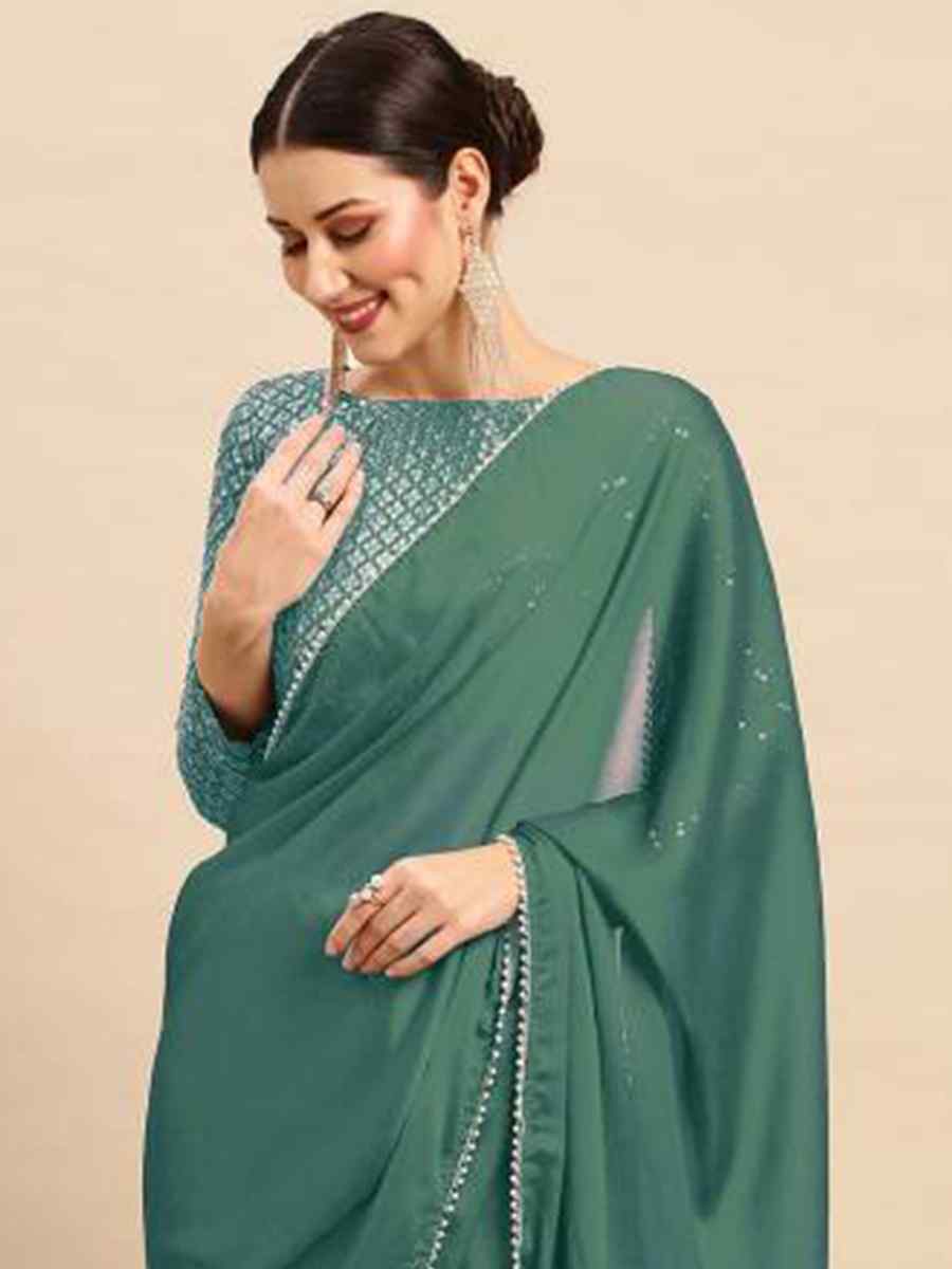 Rama Green Satin Silk Georgette Handwoven Casual Festival Classic Style Saree
