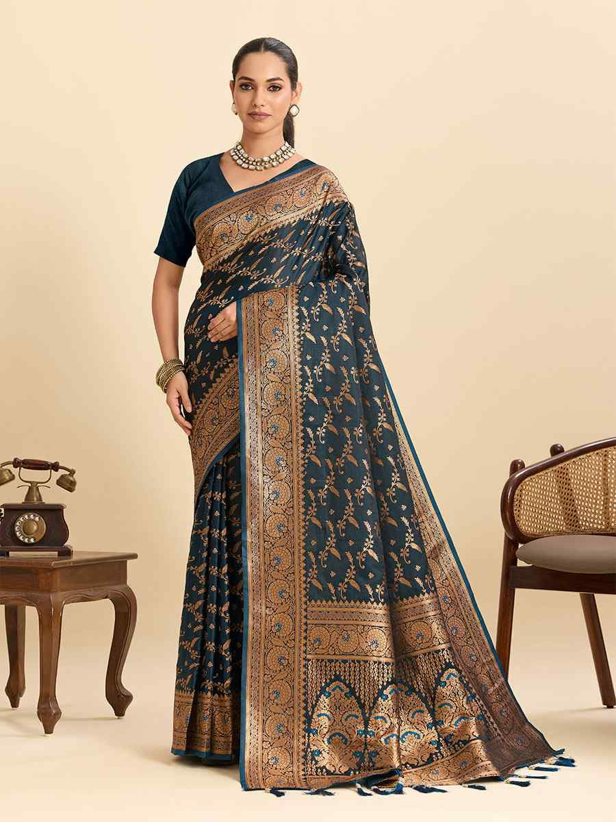 Rama Green Satin Silk Zari Handwoven Bridal Reception Festival Wedding Fancy Heavy Border Saree