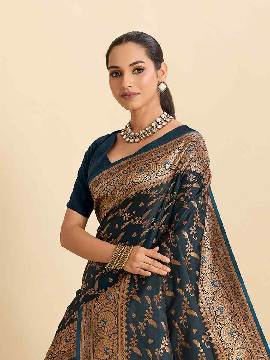 Rama Green Satin Silk Zari Handwoven Bridal Reception Festival Wedding Fancy Heavy Border Saree