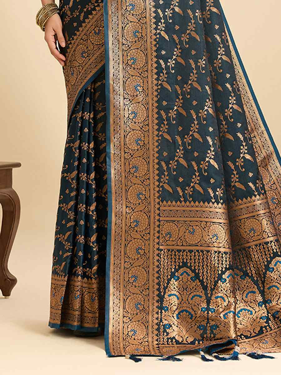 Rama Green Satin Silk Zari Handwoven Bridal Reception Festival Wedding Fancy Heavy Border Saree