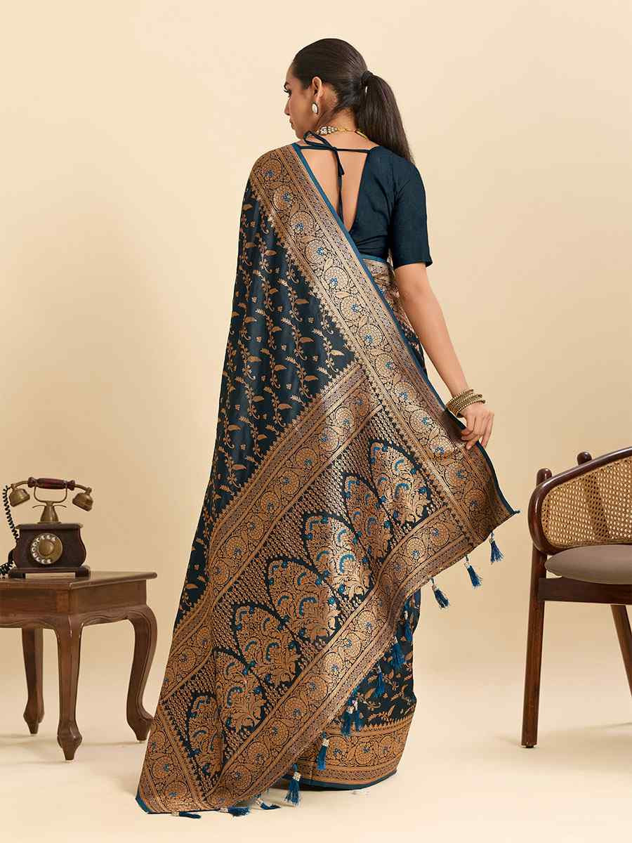 Rama Green Satin Silk Zari Handwoven Bridal Reception Festival Wedding Fancy Heavy Border Saree