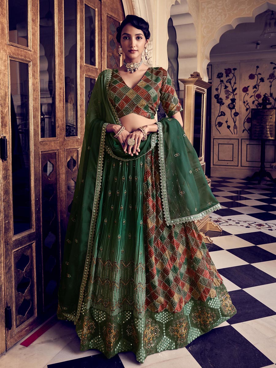 Rama Green Silk Embroidered Bridesmaid Wedding Heavy Border Lehenga Choli