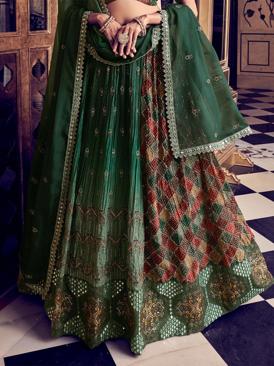 Rama Green Silk Embroidered Bridesmaid Wedding Heavy Border Lehenga Choli