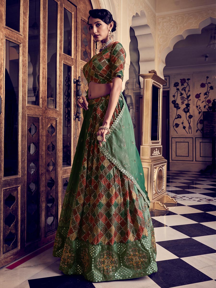 Rama Green Silk Embroidered Bridesmaid Wedding Heavy Border Lehenga Choli