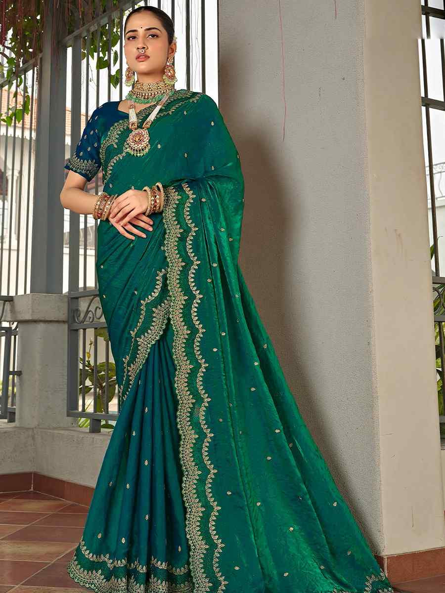 Rama Green Silk Embroidered Festival Wedding Fancy Heavy Border Saree