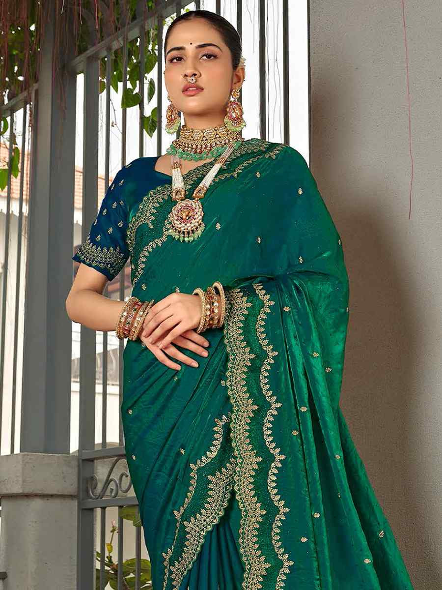 Rama Green Silk Embroidered Festival Wedding Fancy Heavy Border Saree