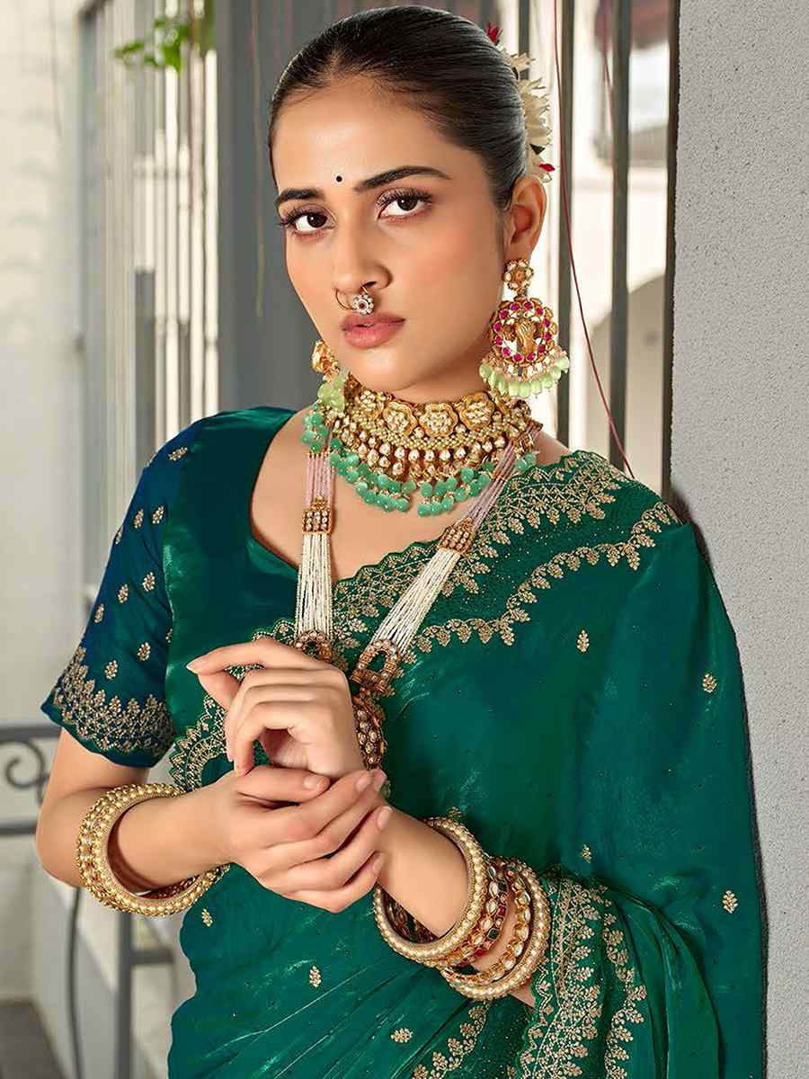 Rama Green Silk Embroidered Festival Wedding Fancy Heavy Border Saree