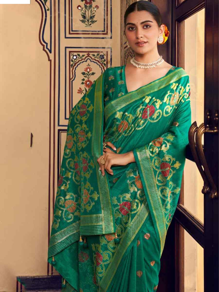 Rama Green Silk Handwoven Festival Wedding Fancy Heavy Border Saree
