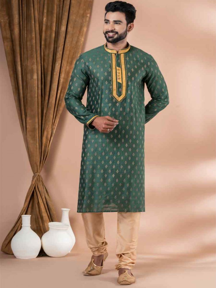 Rama Green Silk Jacquard Embroidered Festival Party Kurta