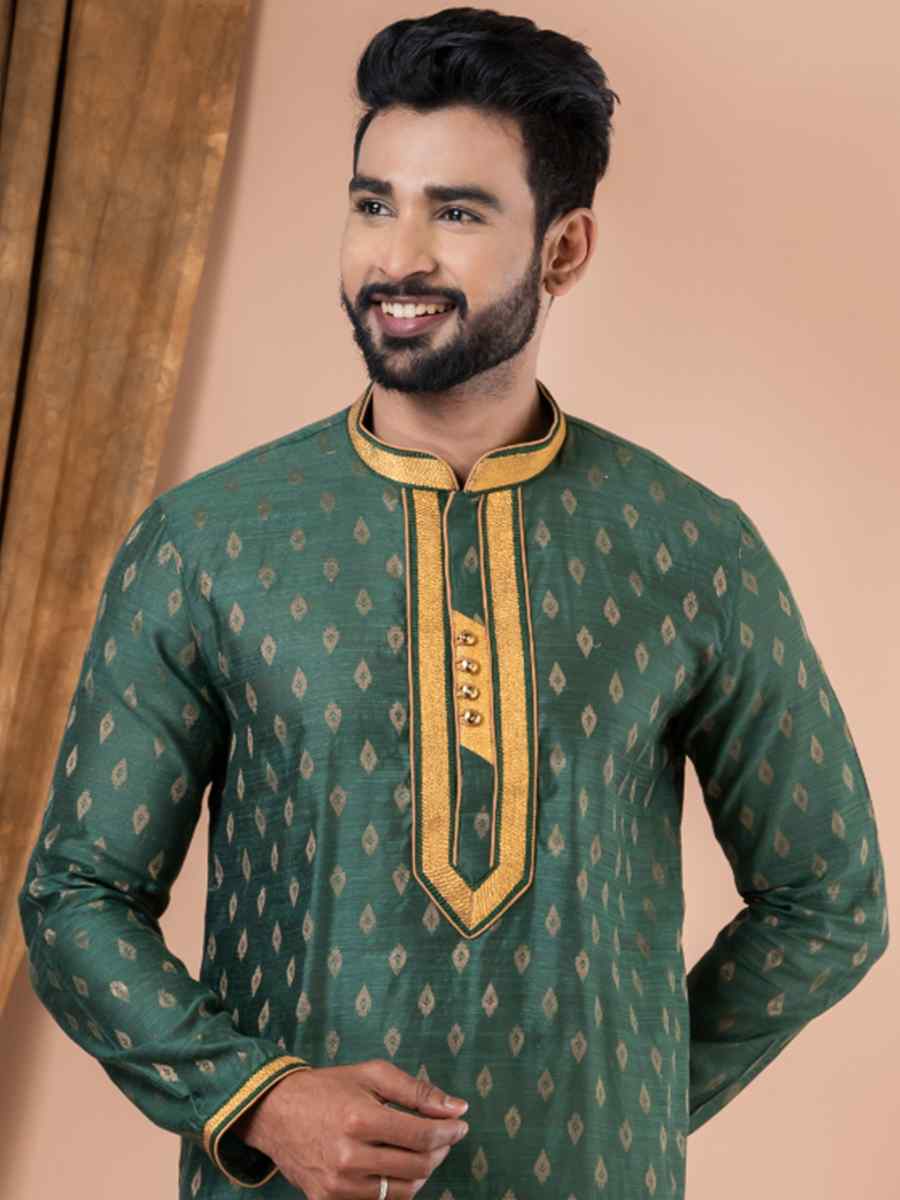 Rama Green Silk Jacquard Embroidered Festival Party Kurta