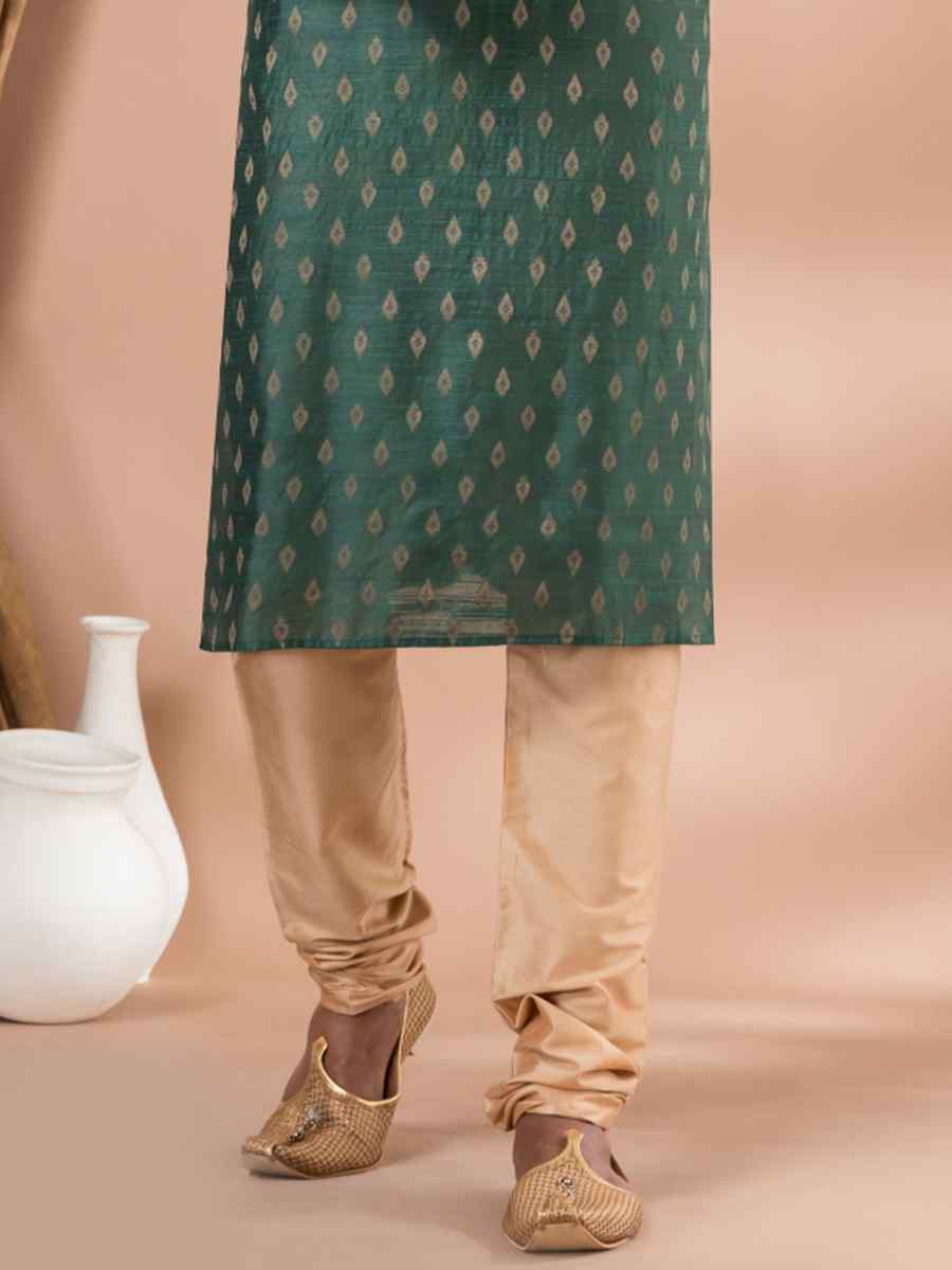 Rama Green Silk Jacquard Embroidered Festival Party Kurta