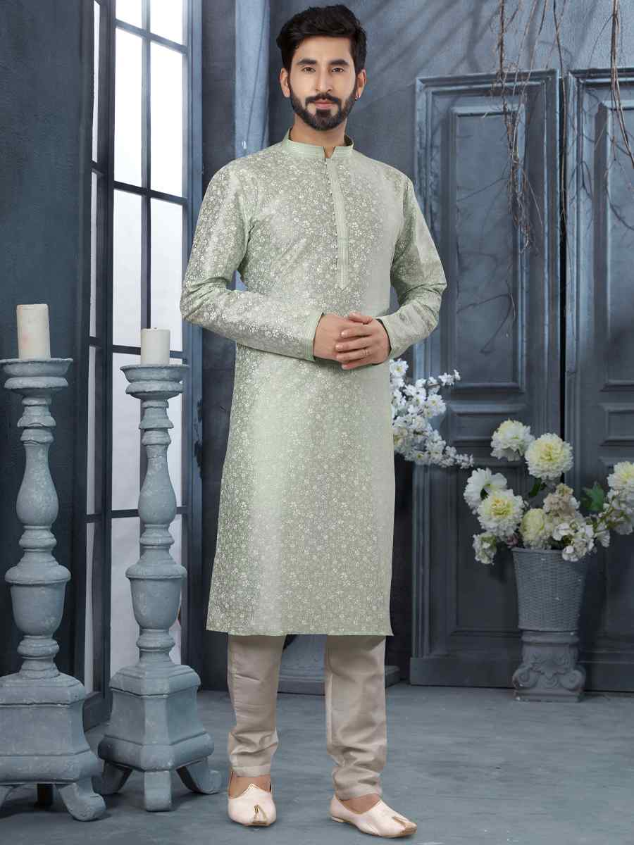 Rama Green Silk Woven Festival Party Kurta
