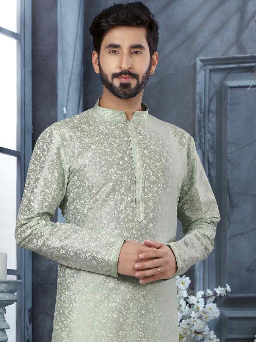 Rama Green Silk Woven Festival Party Kurta