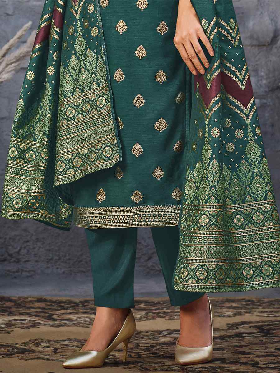 Rama Green Soft Silk Jacquard Handwoven Festival Wedding Pant Salwar Kameez