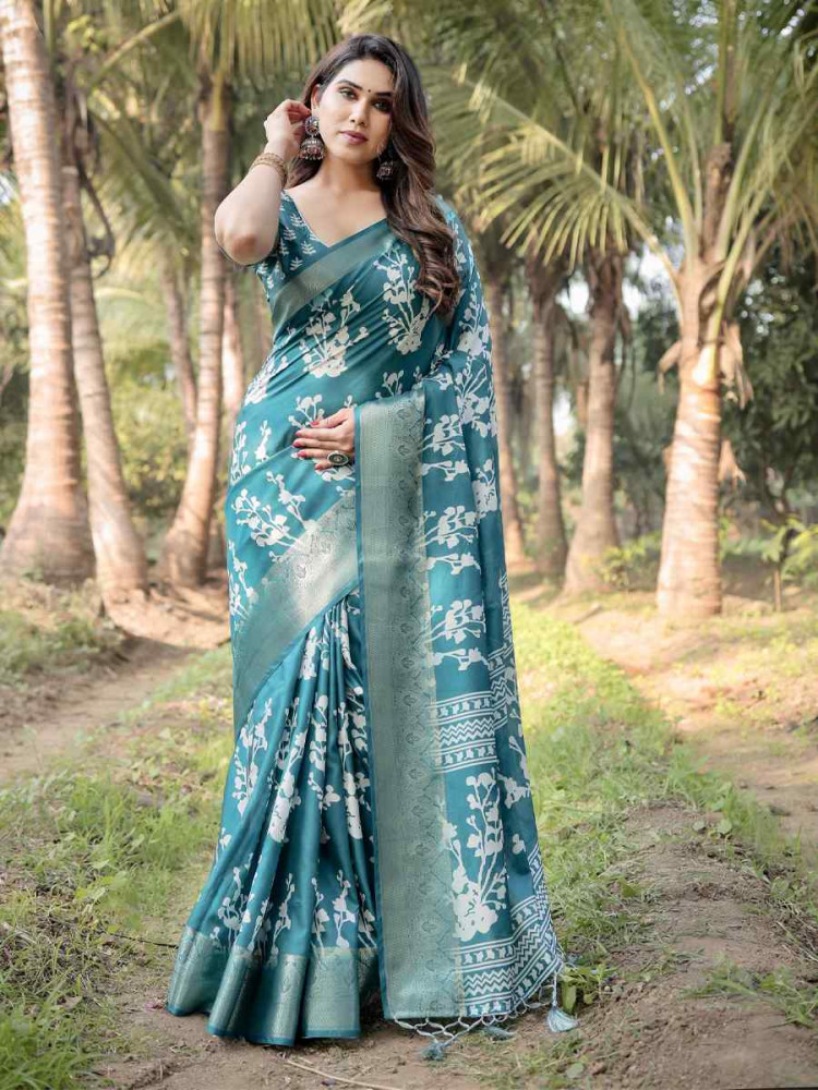 Image of Rama Green Tussar Silk Zari Handwoven Printed Casual Reception Festival Wedding Fancy Heavy Border Saree