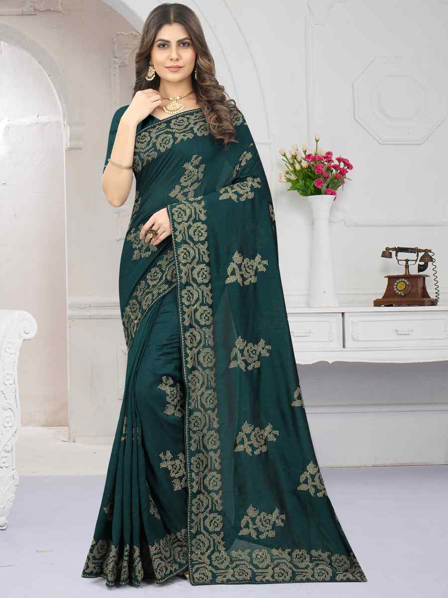 Rama Green Vichitra Silk Embroidered Wedding Festival Heavy Border Saree