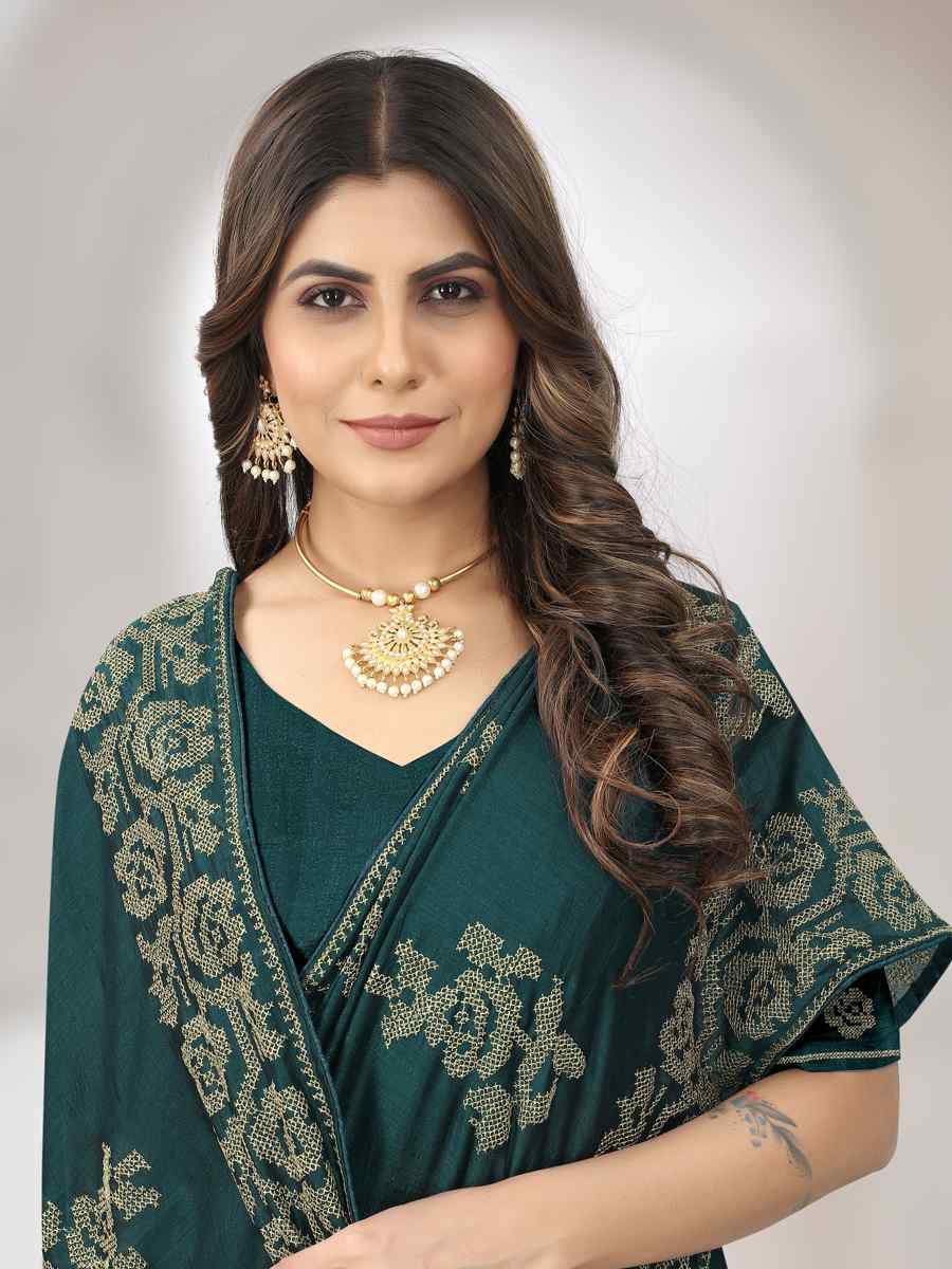 Rama Green Vichitra Silk Embroidered Wedding Festival Heavy Border Saree
