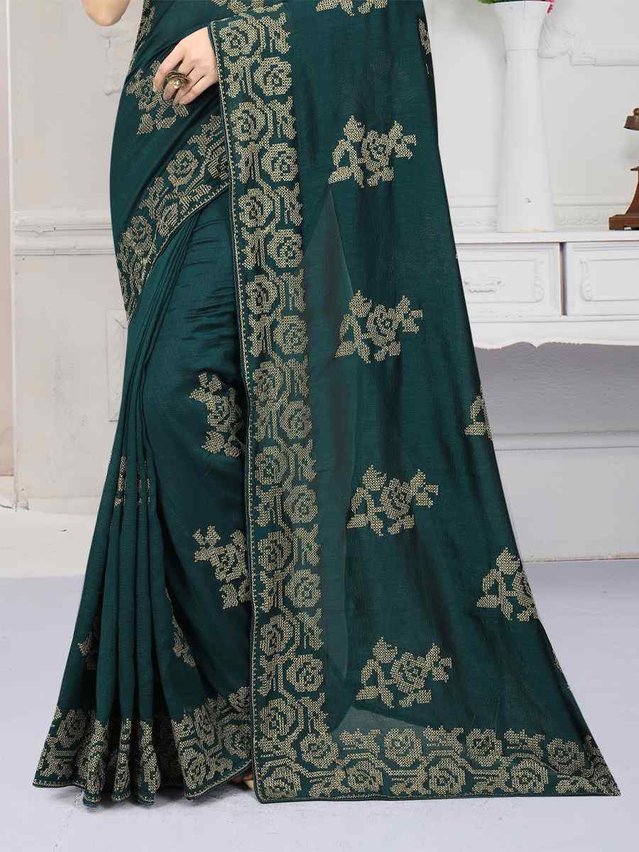 Rama Green Vichitra Silk Embroidered Wedding Festival Heavy Border Saree