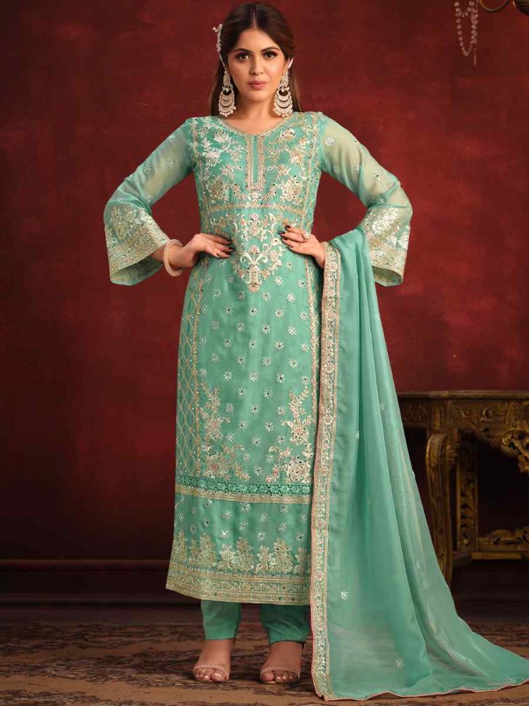 Rama Green Viscose Organza Embroidered Festival Wedding Pant Salwar Kameez