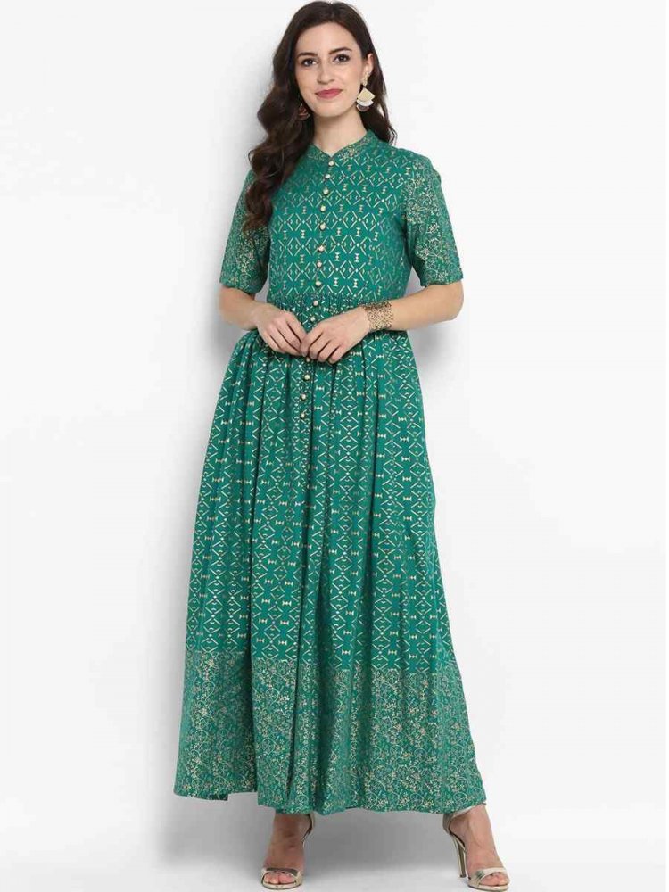 Rama Green Viscose Rayon Handwoven Festival Casual Gown