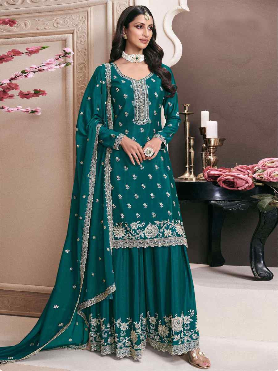 Rama Heavy Chinon Embroidered Festival Wedding Sharara Pant Salwar Kameez