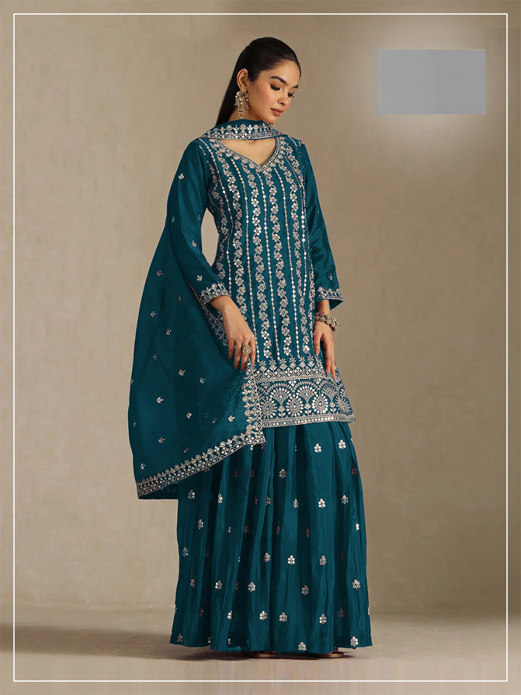 Image of Rama Heavy Chinon Embroidery Sequins Wedding Party Festival Casual Palazzo Pant Salwar Kameez