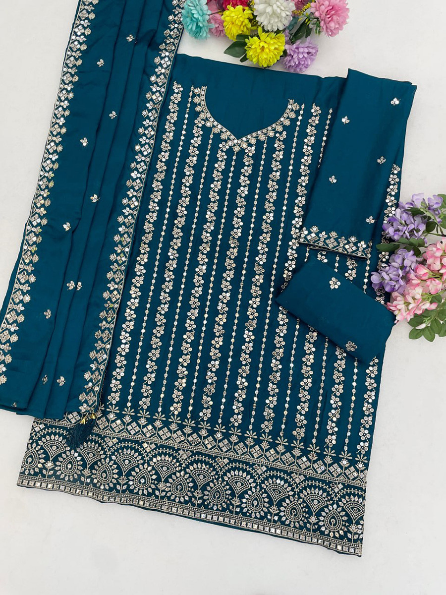 Rama Heavy Chinon Embroidery Sequins Wedding Party Festival Casual Palazzo Pant Salwar Kameez