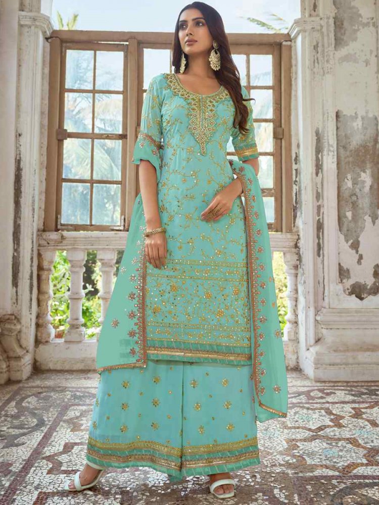 Rama Heavy Faux Georgette Embroidered Festival Wedding Palazzo Pant Salwar Kameez