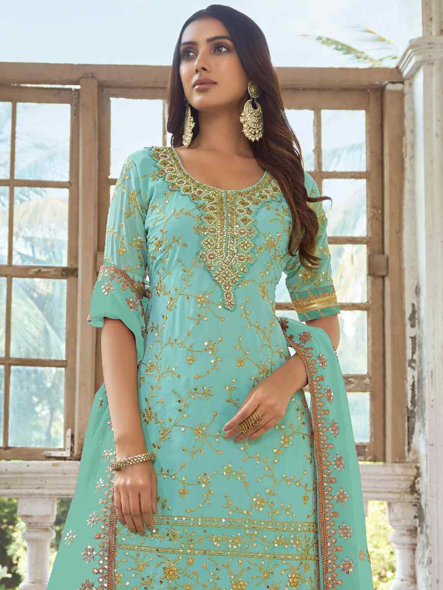 Rama Heavy Faux Georgette Embroidered Festival Wedding Palazzo Pant Salwar Kameez