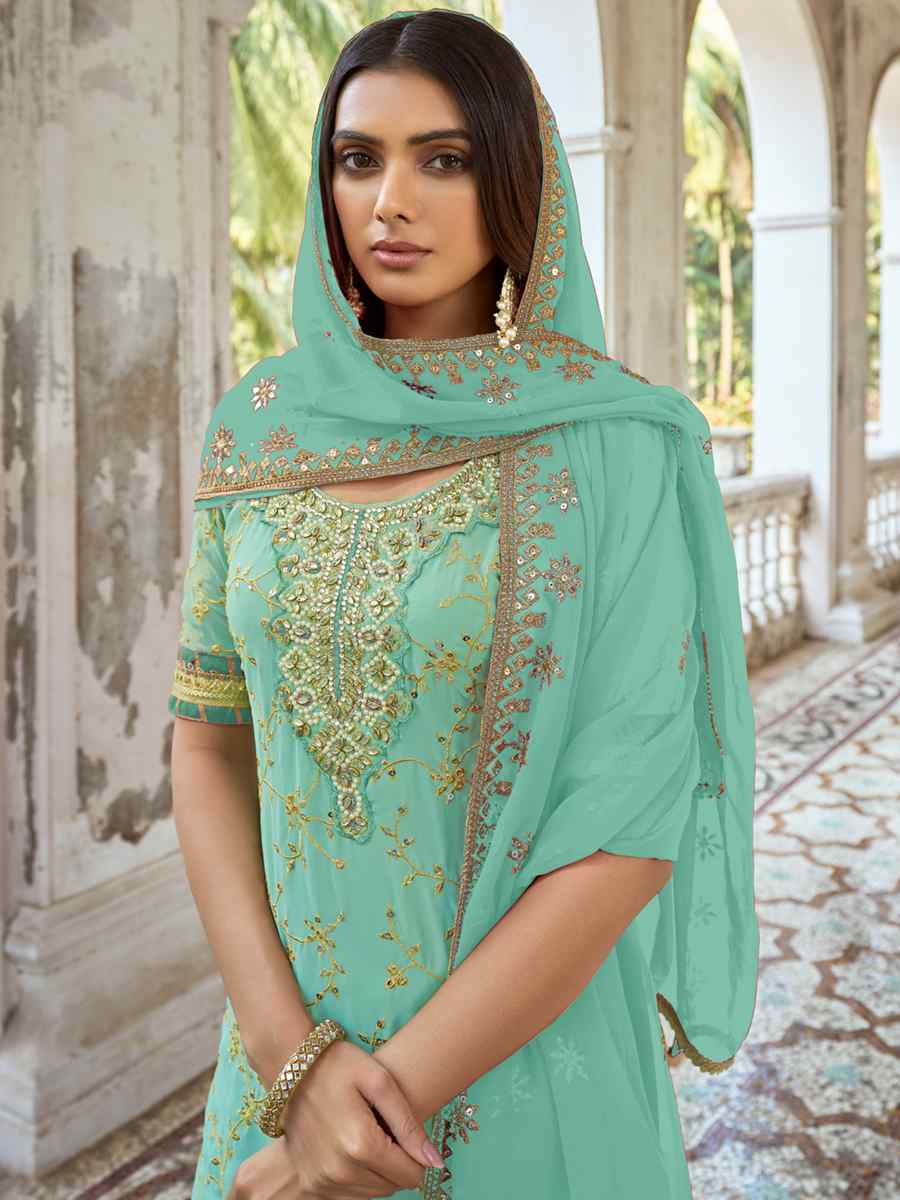 Rama Heavy Faux Georgette Embroidered Festival Wedding Palazzo Pant Salwar Kameez