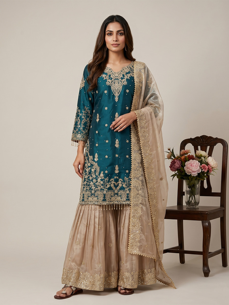 Rama Heavy Gmy Silk Embroidery Sequins Rivet Moti Work Wedding Party Festival Casual Ready Sharara Pant Salwar Kameez