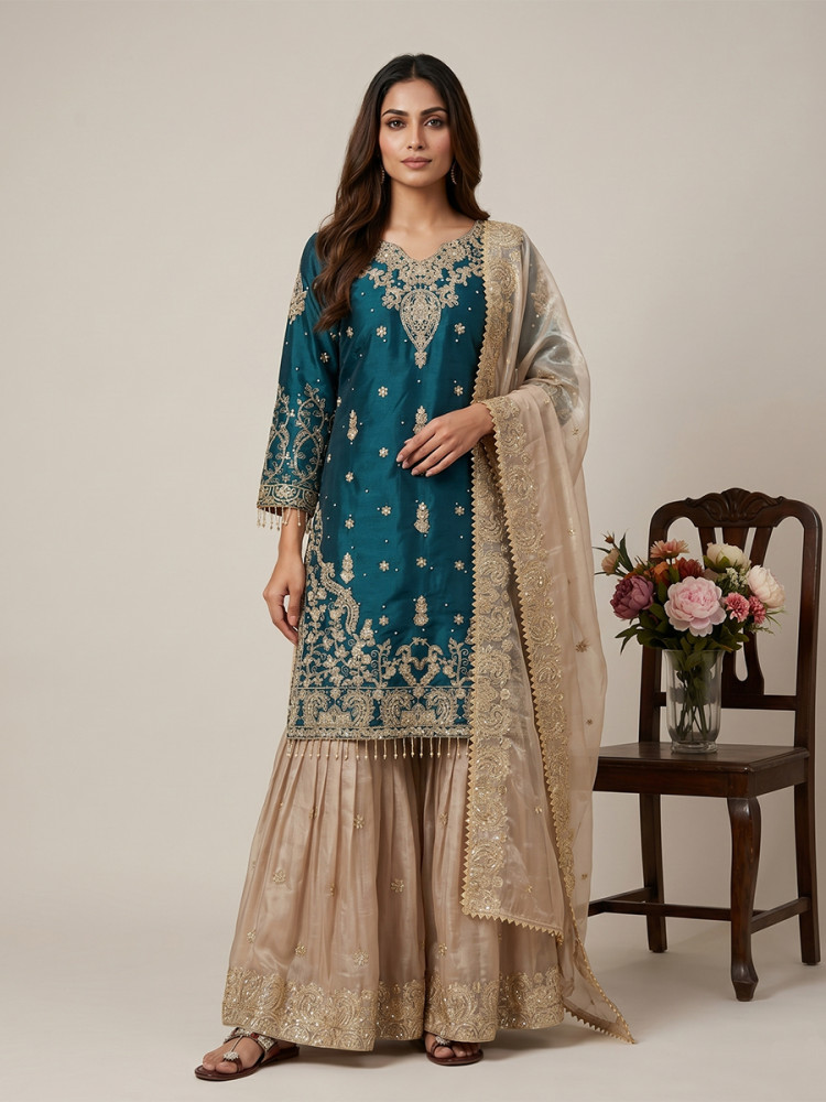 Image of Rama Heavy Gmy Silk Embroidery Sequins Rivet Moti Work Wedding Party Festival Casual Ready Sharara Pant Salwar Kameez
