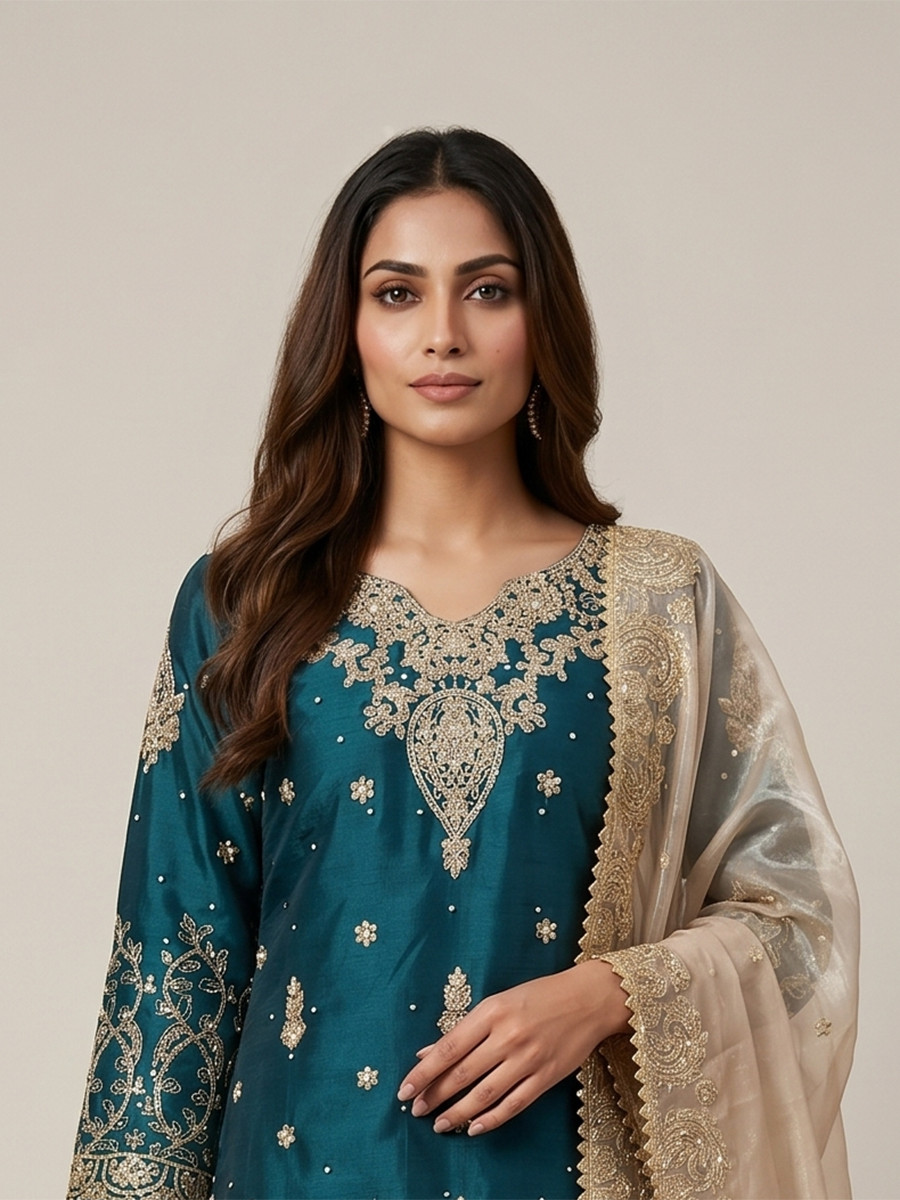 Rama Heavy Gmy Silk Embroidery Sequins Rivet Moti Work Wedding Party Festival Casual Ready Sharara Pant Salwar Kameez