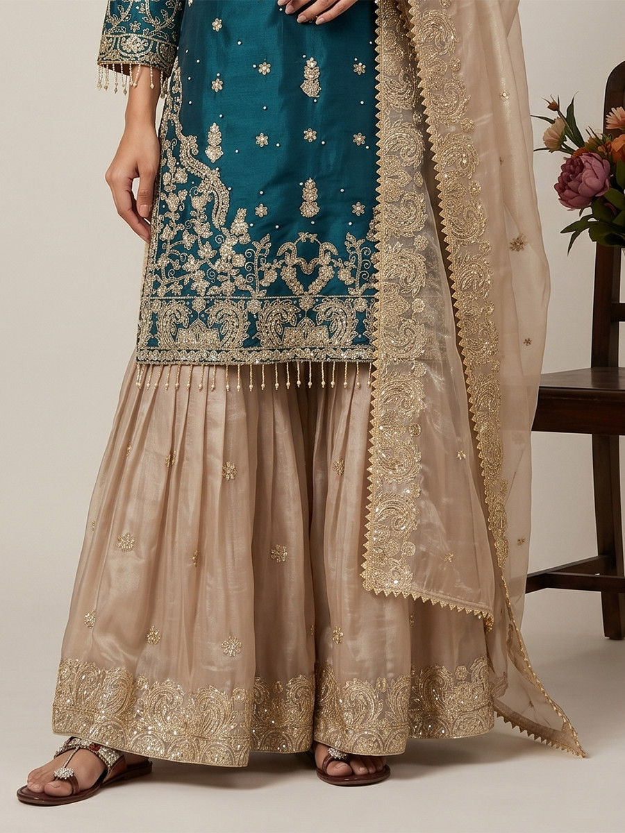 Rama Heavy Gmy Silk Embroidery Sequins Rivet Moti Work Wedding Party Festival Casual Ready Sharara Pant Salwar Kameez