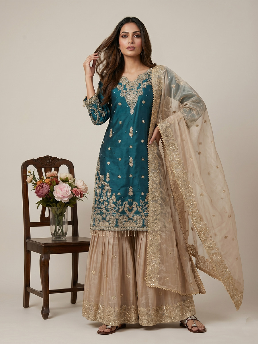 Rama Heavy Gmy Silk Embroidery Sequins Rivet Moti Work Wedding Party Festival Casual Ready Sharara Pant Salwar Kameez