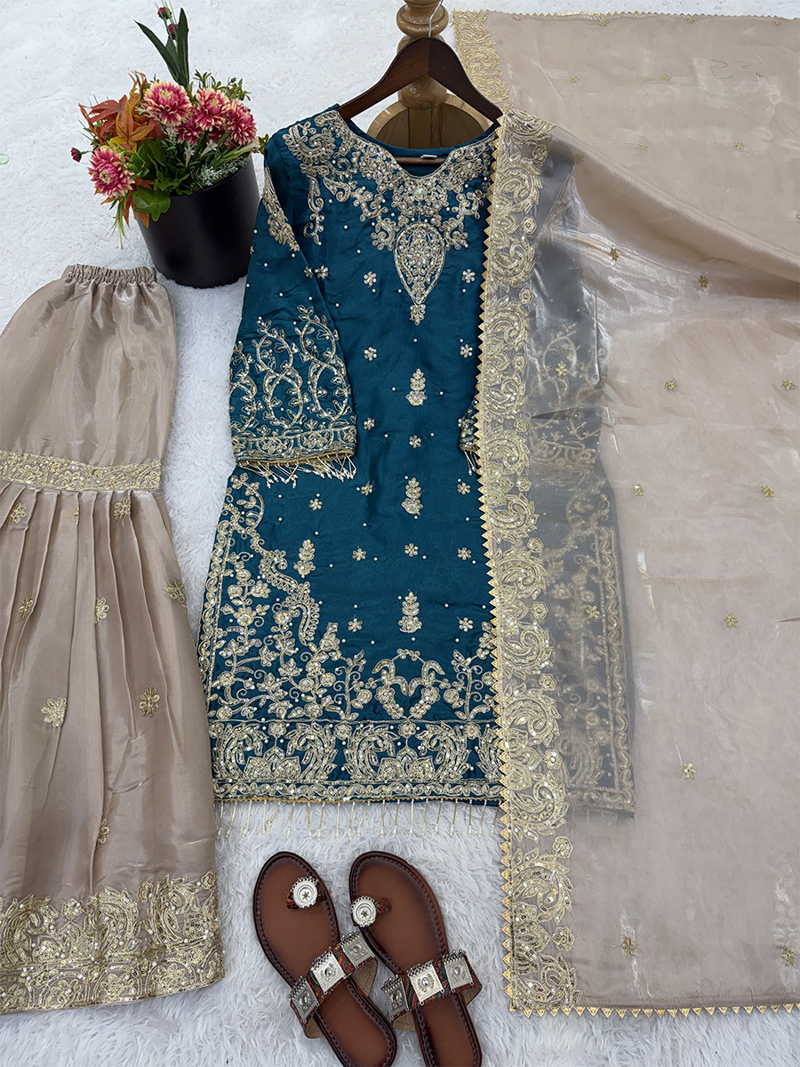 Rama Heavy Gmy Silk Embroidery Sequins Rivet Moti Work Wedding Party Festival Casual Ready Sharara Pant Salwar Kameez