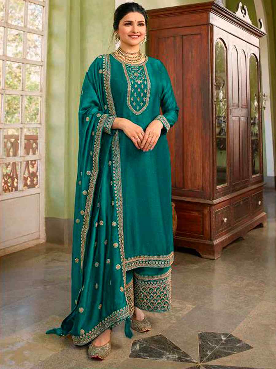Rama Heavy Silk Georgette Embroidered Wedding Festival Bollywood Palazzo Pant Salwar Kameez